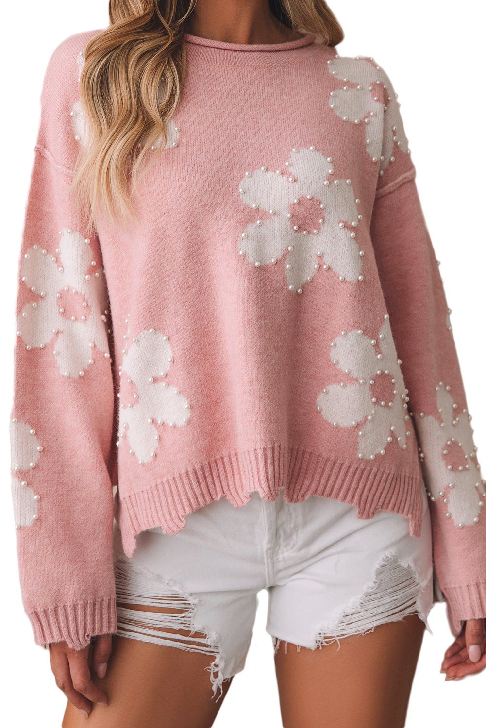 Bonbon Pearl Beaded Heart Drop Shoulder Sweater - loveforevers
