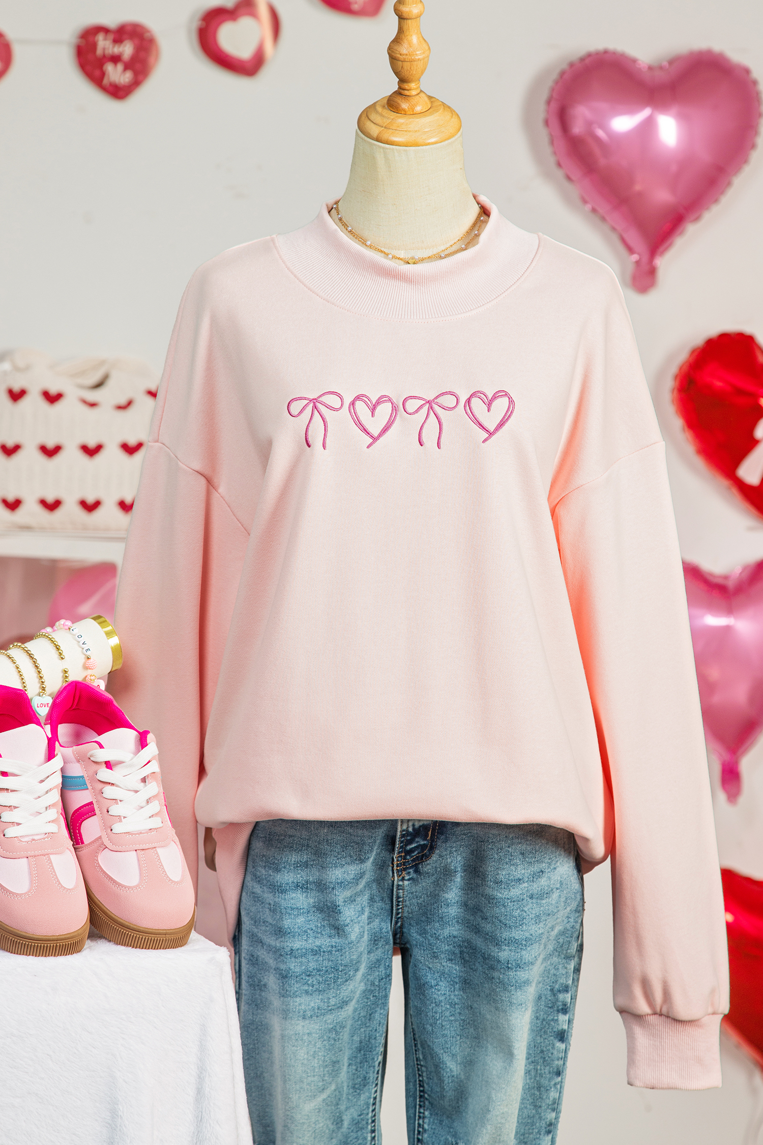Apricot Pink Valentines Bow Heart Embroidered Mock Neck Sweatshirt - loveforevers