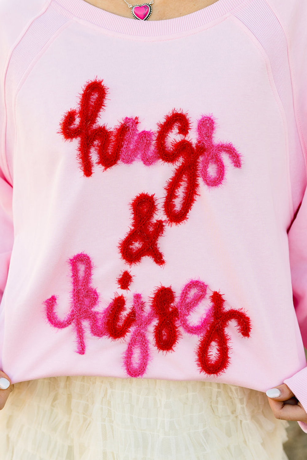 Pink Hugs and Kisses Pop Up Embroidered Raglan Sleeve Sweatshirt - loveforevers