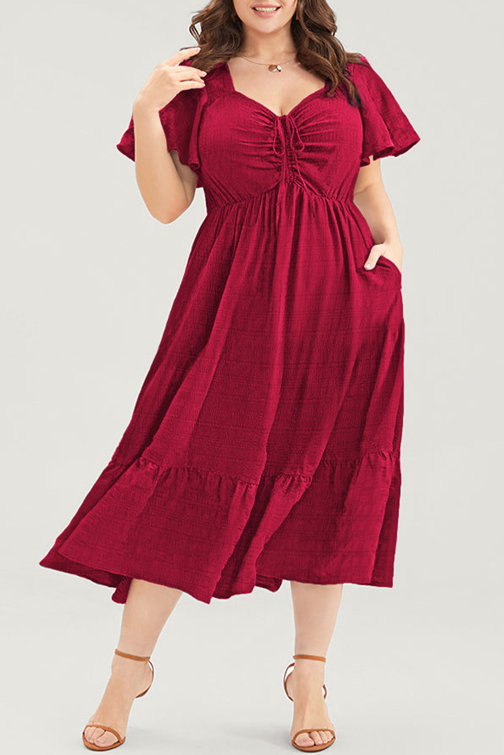 Red Plus Size Short Sleeve Lace-up High Waist Midi Dress - loveforevers