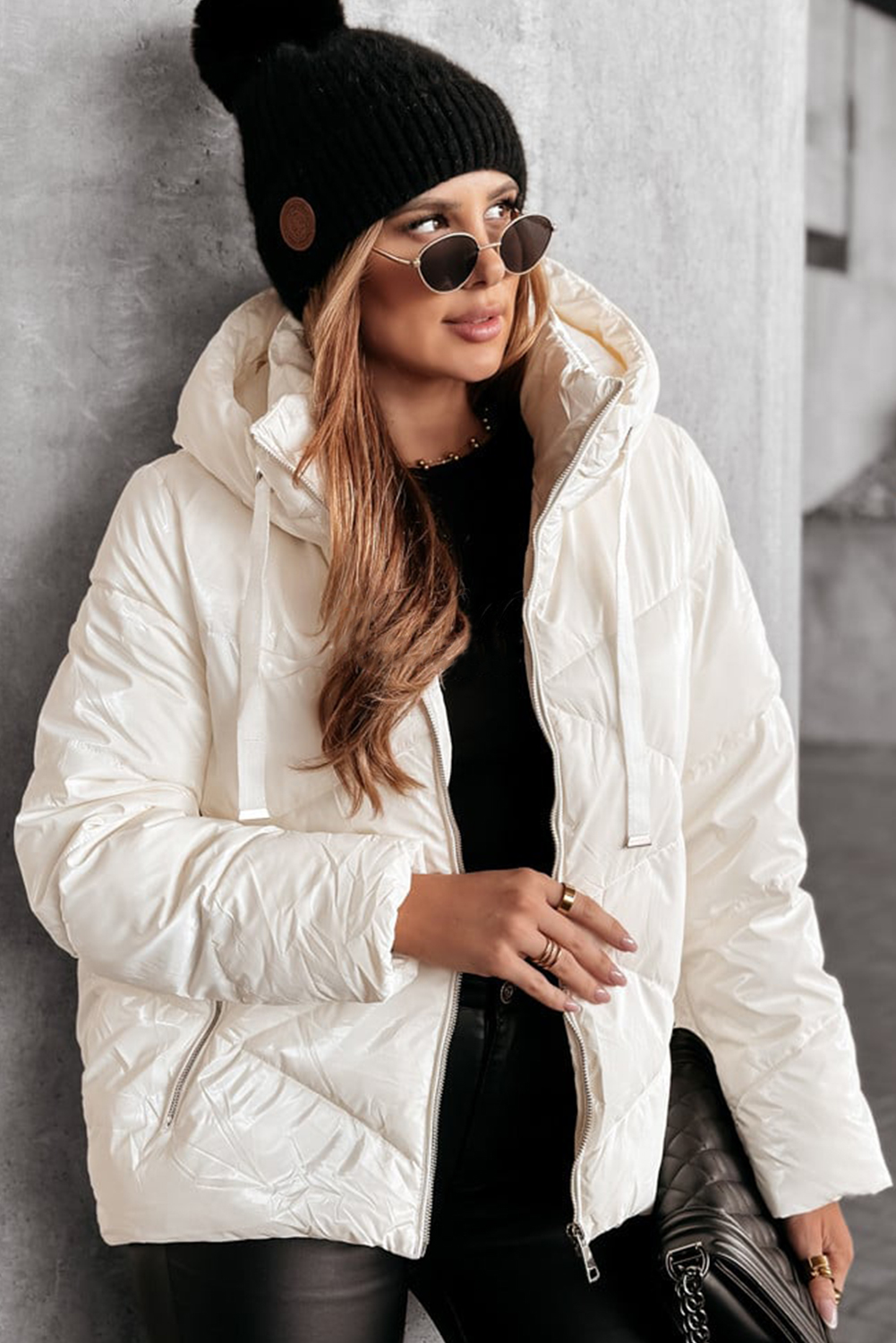 White Solid Quilted Hooded Zip Up Puffer Coat - loveforevers