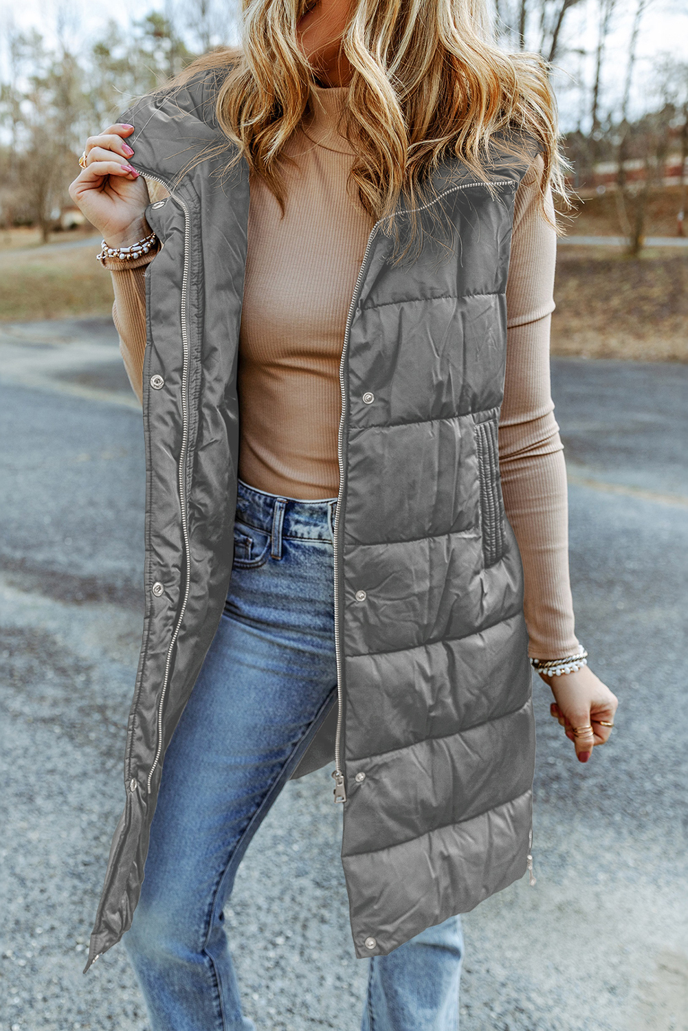 Dark Grey Hooded Long Quilted Vest Coat - loveforevers