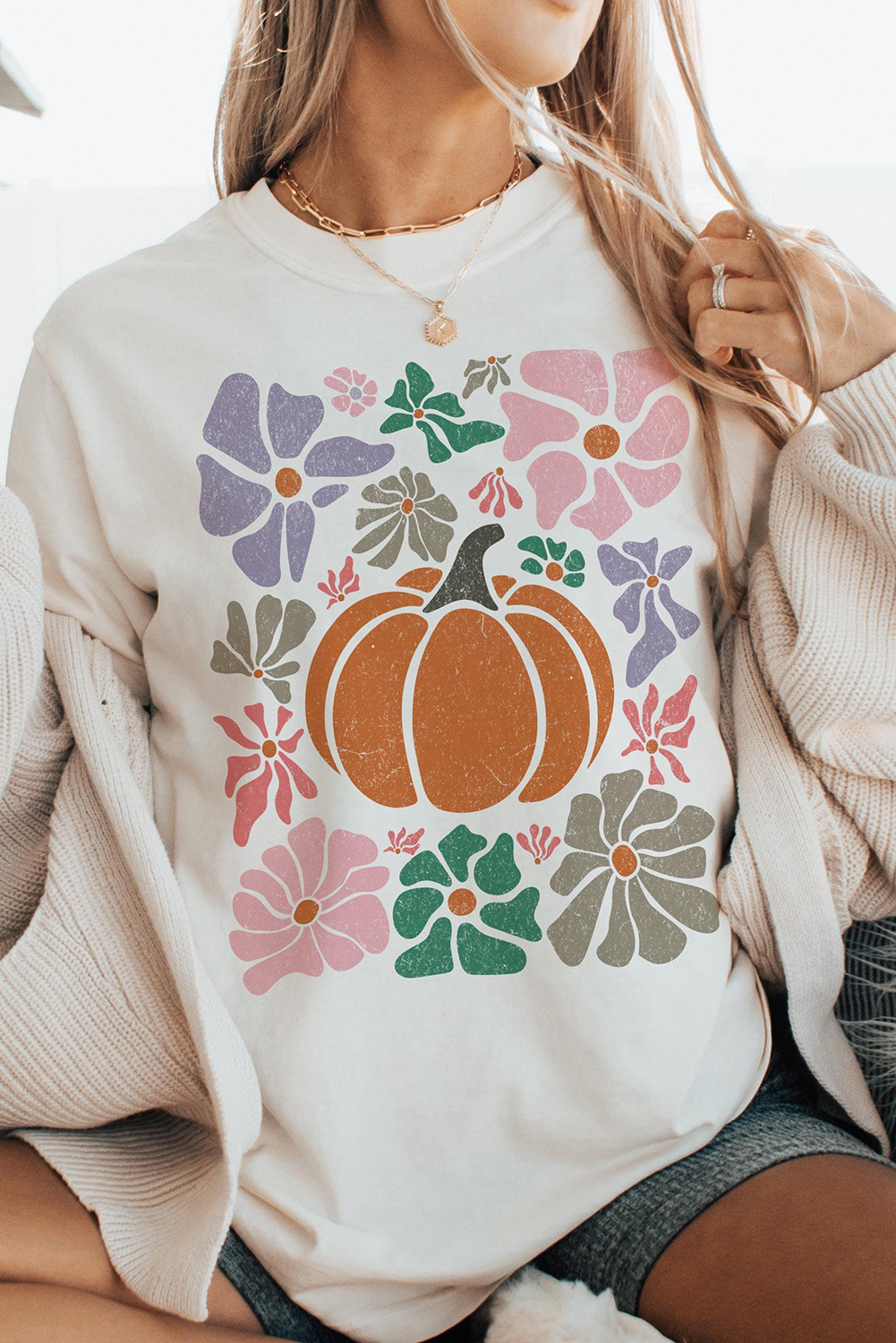 White Flower Pumpkin Distressed Graphic T Shirt - loveforevers