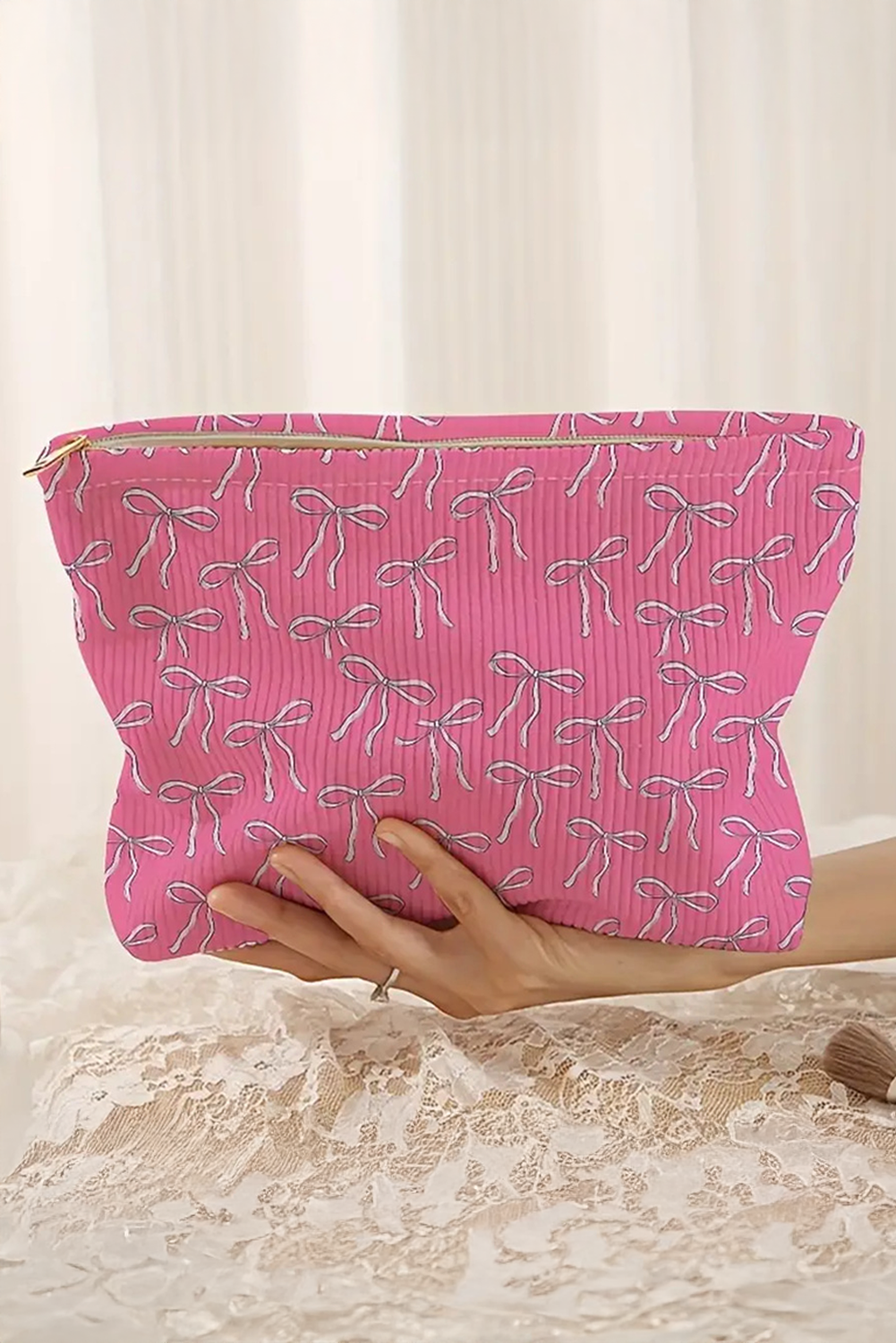 Bright Pink Valentines Fashion Bow Print Ribbed Storage Bag - loveforevers