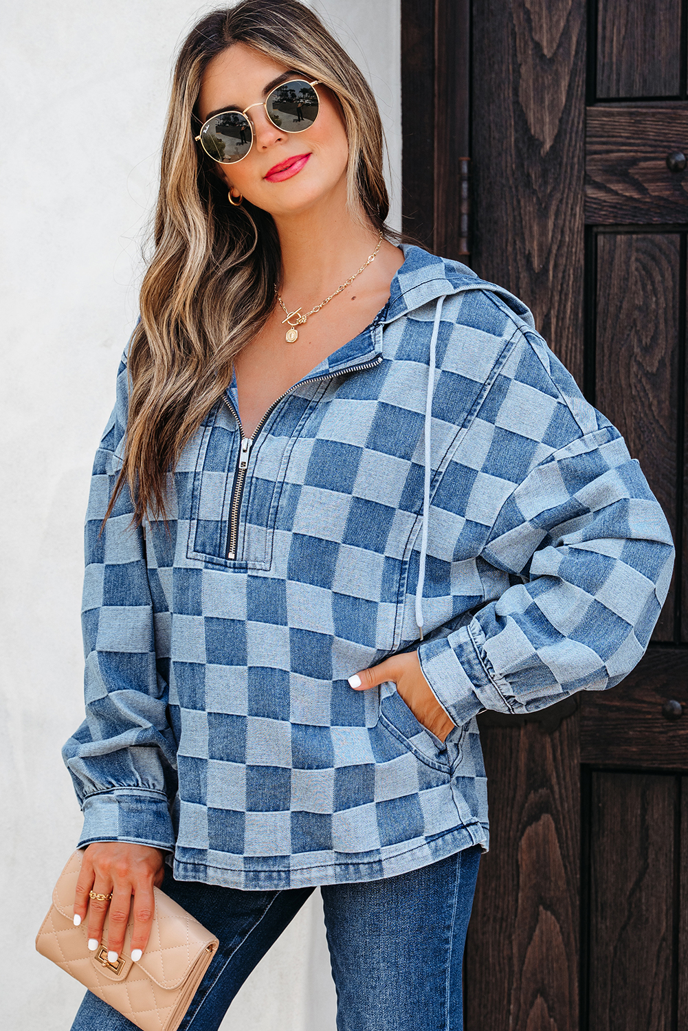 Dark Grey Checkered Denim Wide Leg Jeans - loveforevers