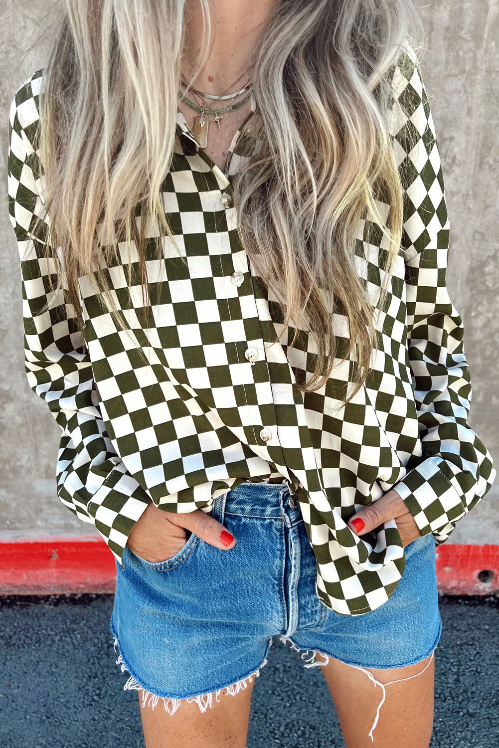 Green Checkerboard Printed Drop Shoulder Loose Casual Shirt - loveforevers