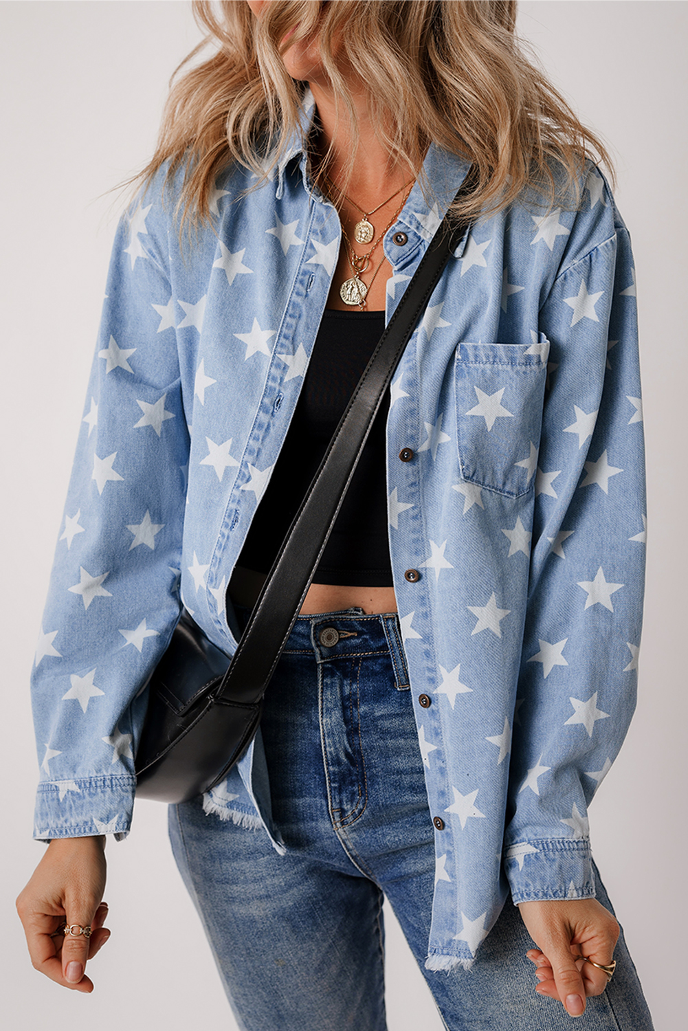 Sky Blue Star Print Light Wash Raw Hem Denim Jacket - loveforevers