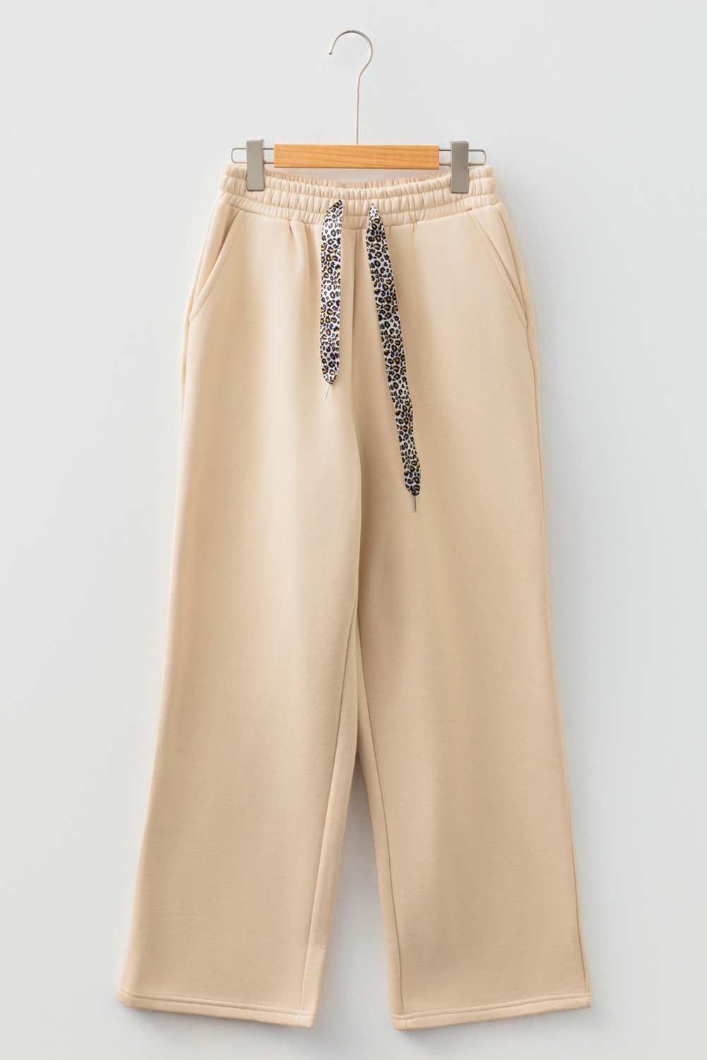 Oatmeal Fleece Lined Leopard Drawstring Elastic Waist Solid Pants - loveforevers