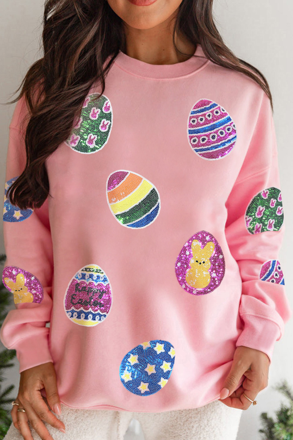 Pink Sequined Easter Egg Patched Pullover Sweatshirt - loveforevers