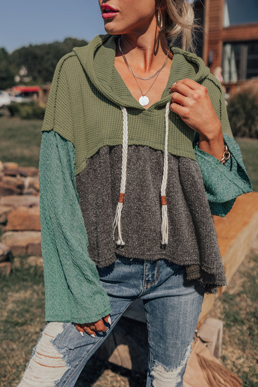 Laurel Green Mixed Textured Colorblock Patchwork Wide Sleeve Frayed High Low Hooded Top - loveforevers