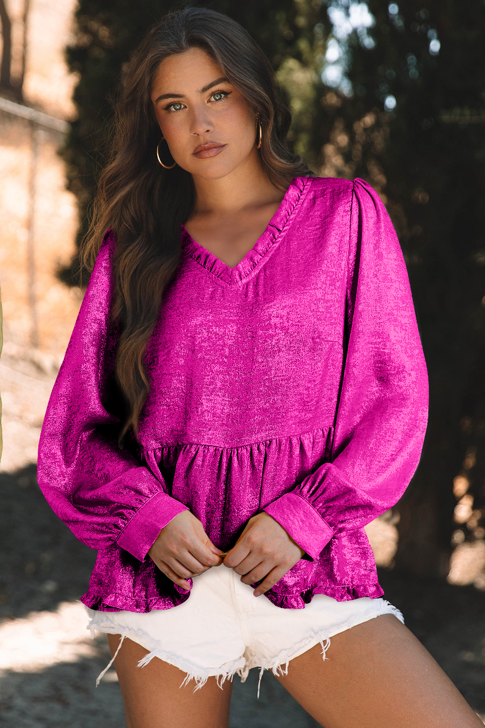 Dearlovers Gold Metallic Frilled V Neck Puff Sleeve Babydoll Blouse - loveforevers