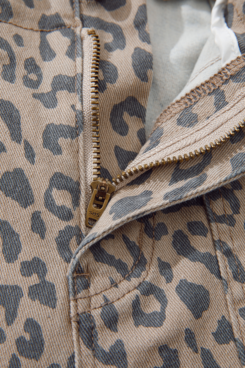 Khaki Leopard Printed Drawstring Elastic Waistband Pocketed Wide Leg Jeans - loveforevers