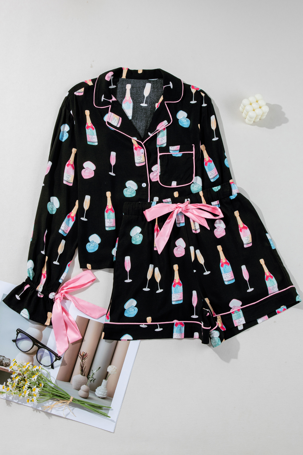 White Christmas Wine Glass Print Bow Knot Two Piece Pajama Set - loveforevers