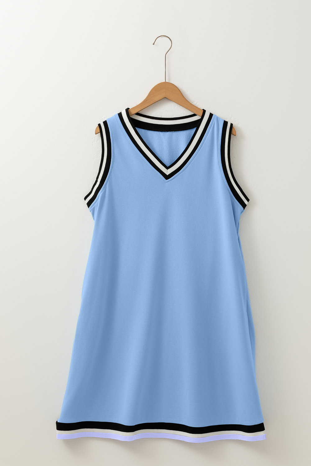 Mint Green Varsity Contrast Striped V Neck Long Sleeve T Shirt Dress with Pockets - loveforevers