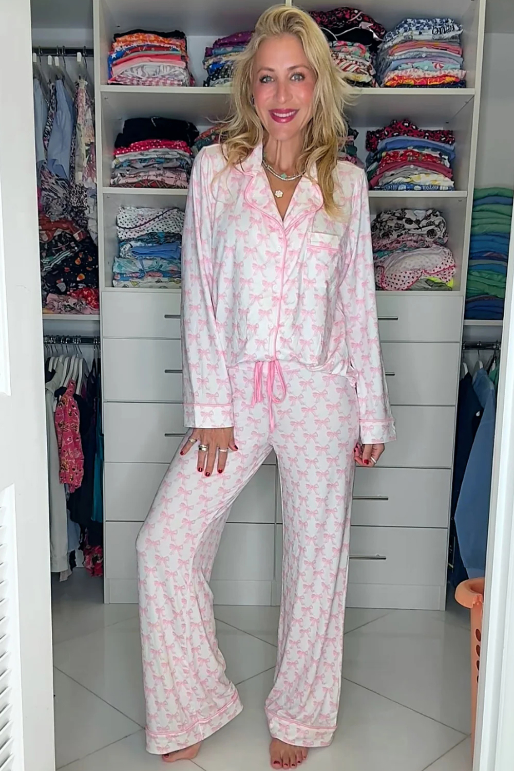 Sky Blue Bow Print Long Sleeve Shirt and Pants Soft Pajama Set - loveforevers