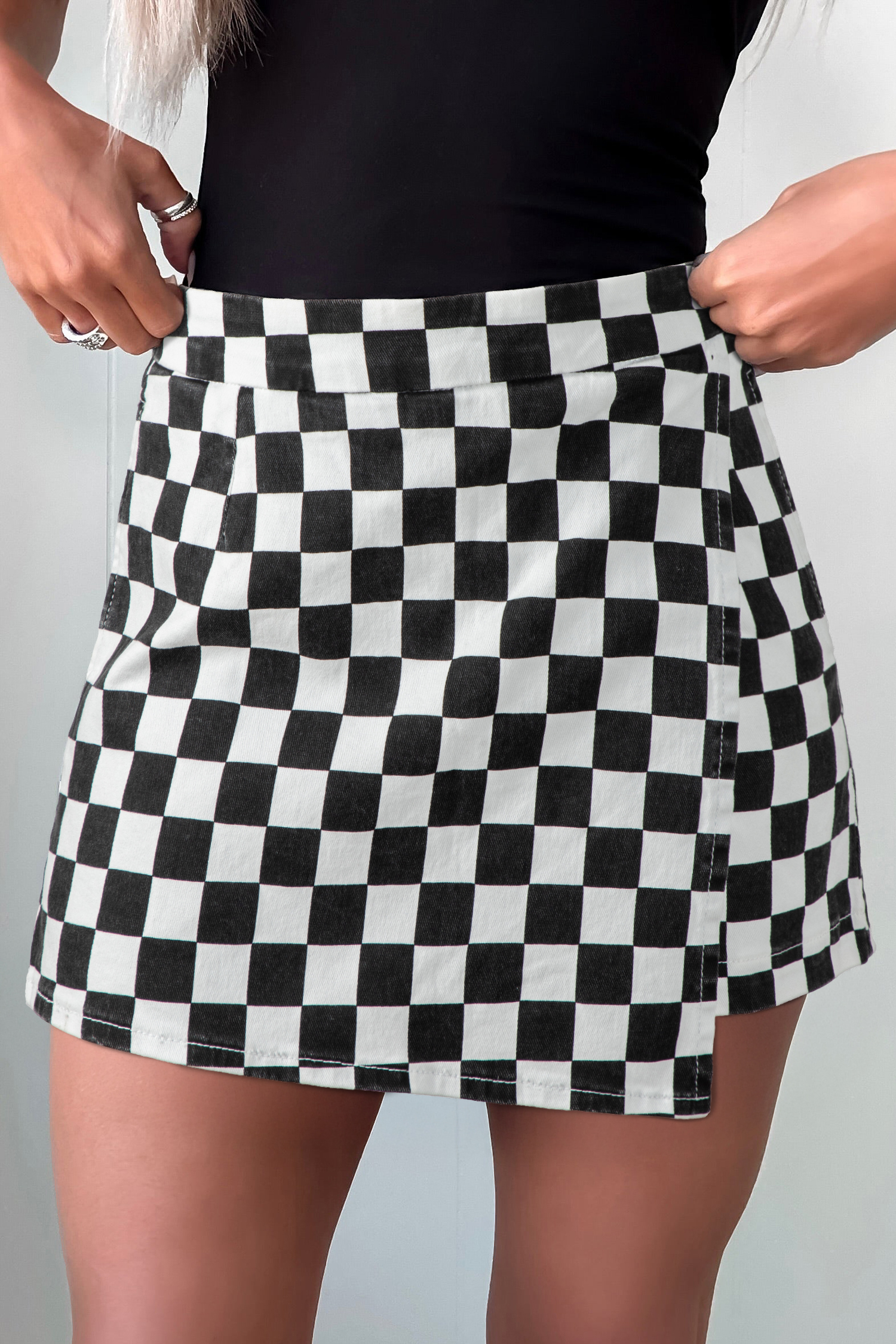 Black Checkered Print Overlap Denim Shorts - loveforevers