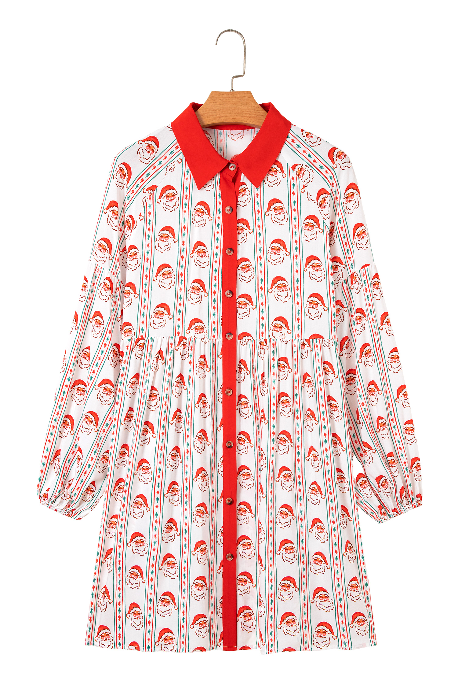 White Father Christmas Contrast Collar Button Front Long Sleeve A-line Mini Dress - loveforevers