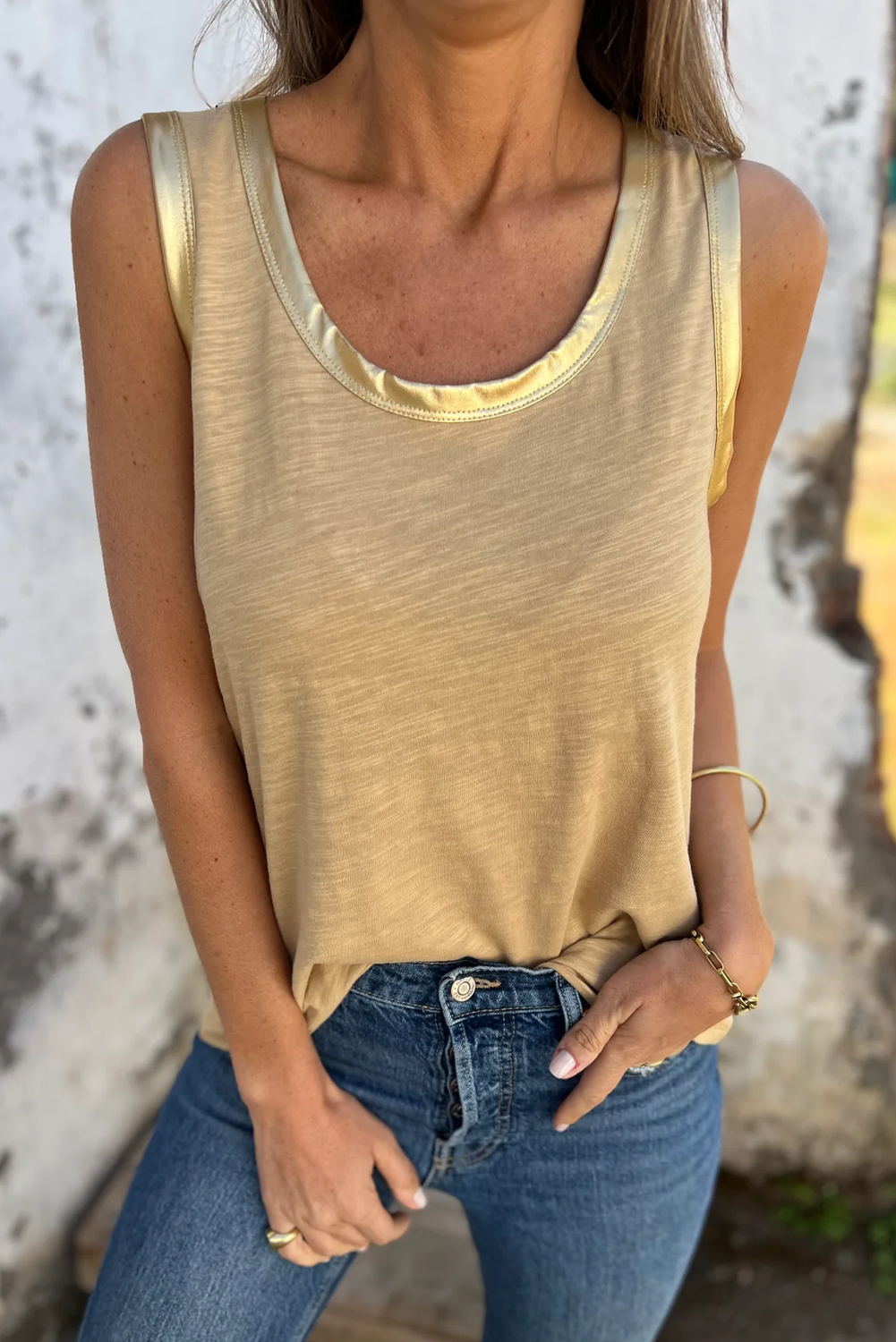 Tan Metallic Sheen Edge Scoop Neck Tank Top - loveforevers