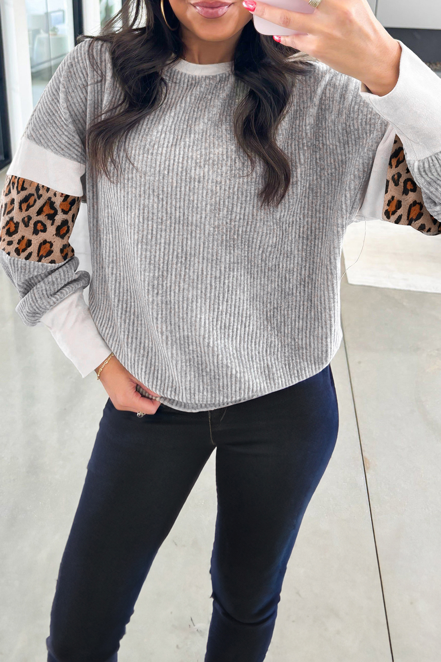 Gray Leopard Print Colorblock Patchwork Ribbed Knit Top - loveforevers