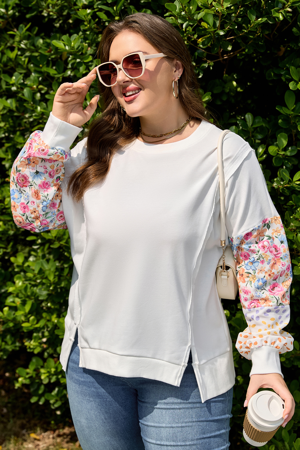 White Plus Size Exposed Seam Detail Contrast Dot Floral Patchwork Sleeve Sweatshirt - loveforevers