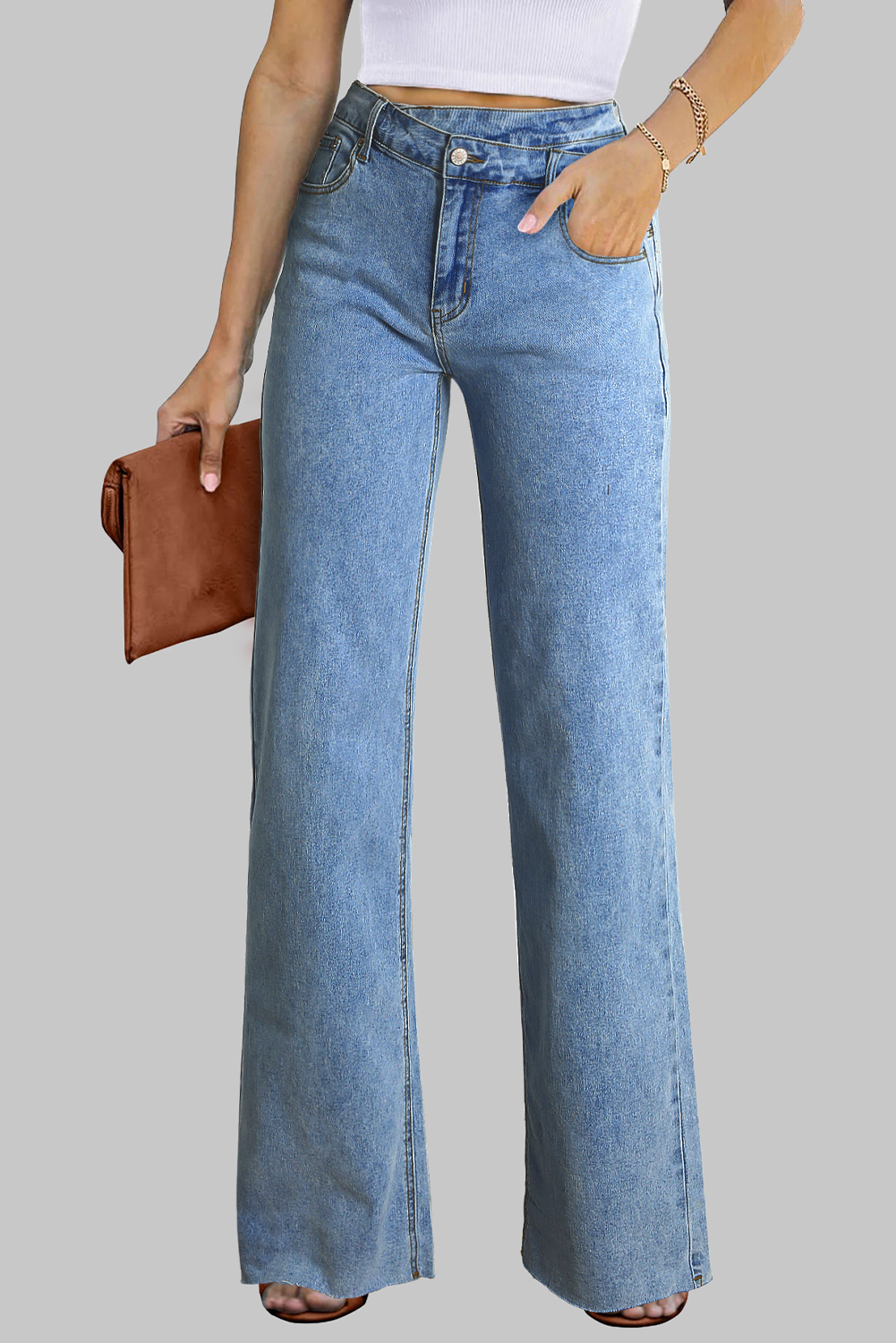 Blue Mid Rise Asymmetrical Waist Wide Leg Jeans - loveforevers