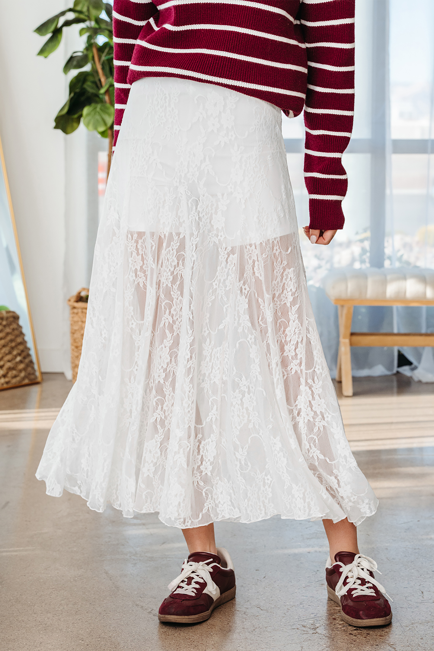White Sheer Floral Lace Flowy Maxi Skirt - loveforevers
