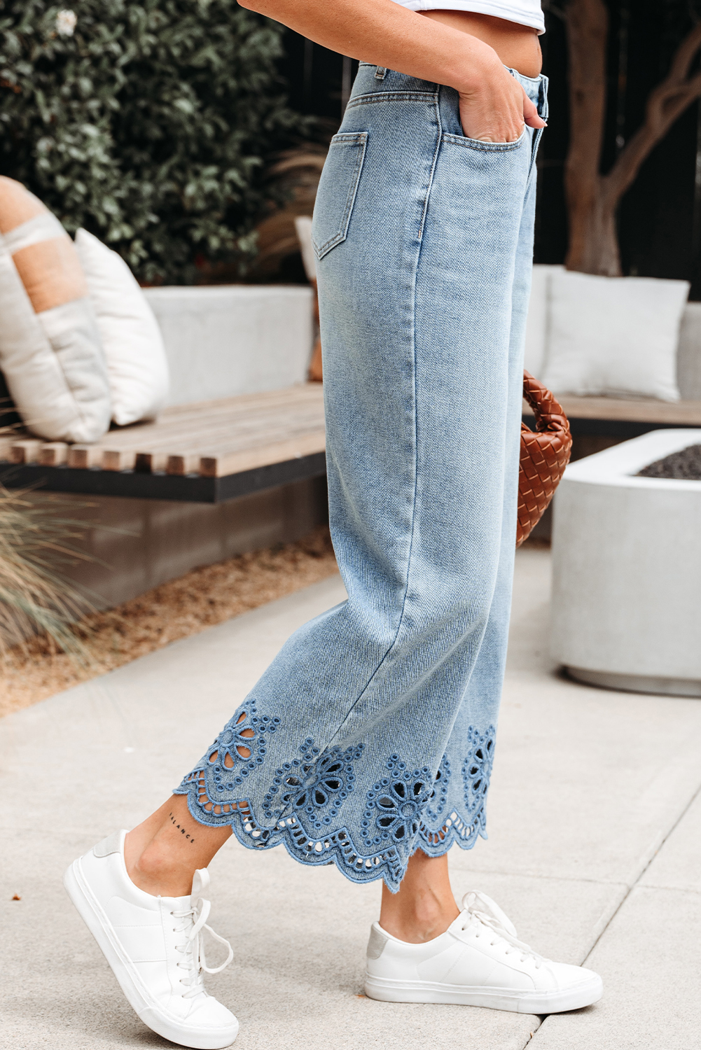 Dusk Blue Embroidered Cropped Wide Leg High Waist Jeans - loveforevers