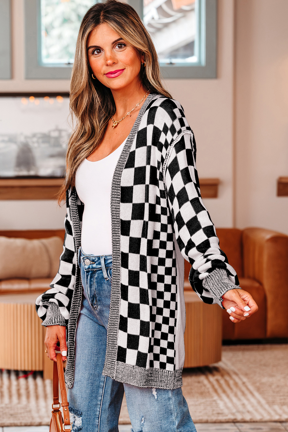 Black Checkered Open Front Drop Shoulder Cardigan - loveforevers