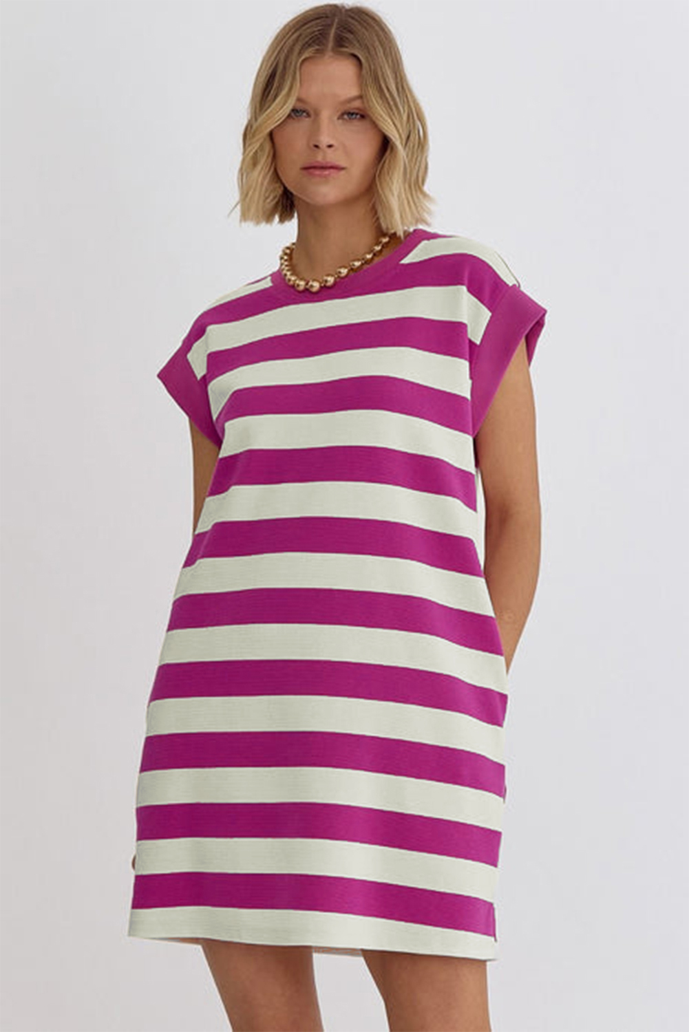 Rose Stripe Cap Sleeve Pocketed Shift T-shirt Dress - loveforevers