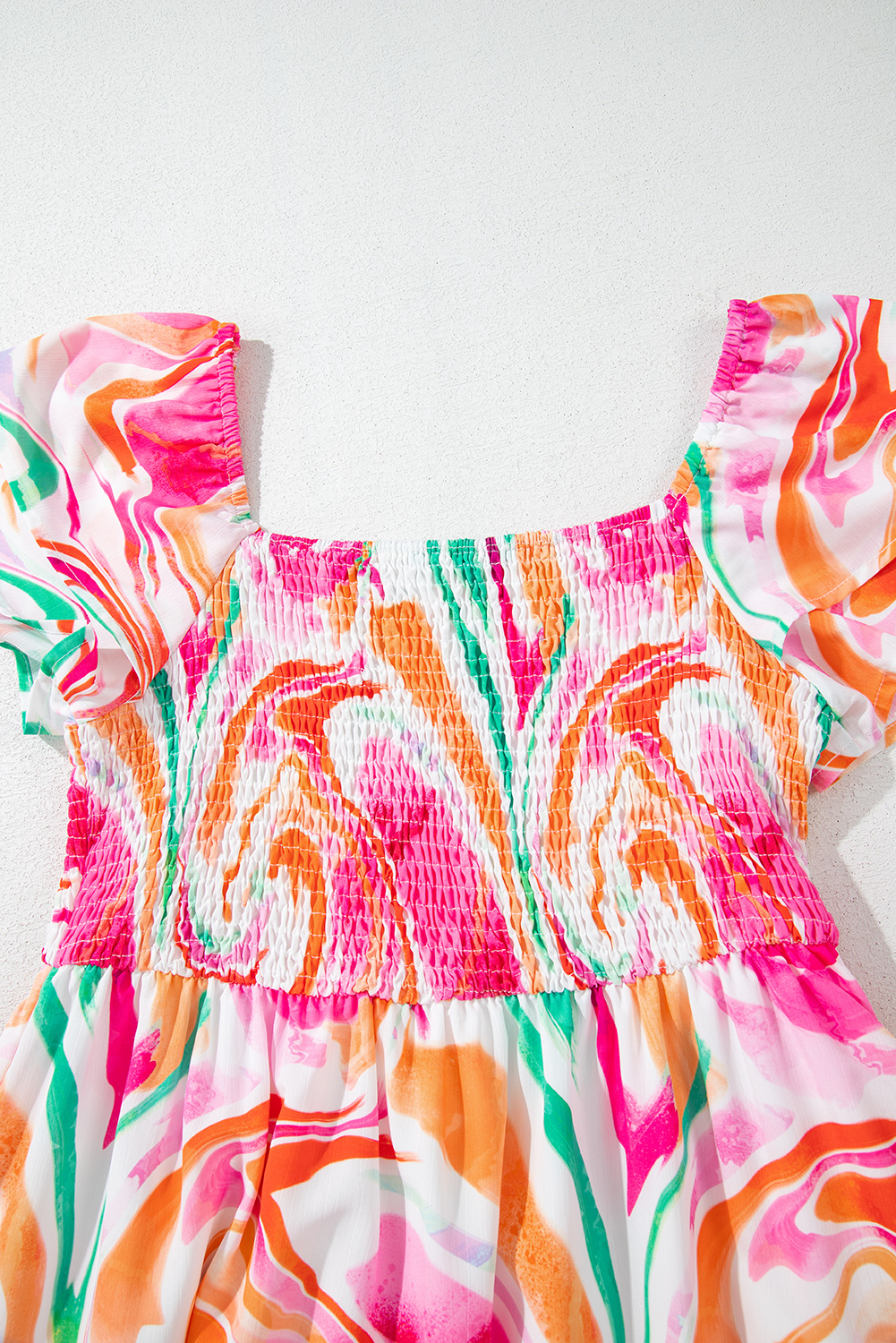 Pink Abstract Print Ruffled Sleeve Smocked Bust Maxi Dress - loveforevers