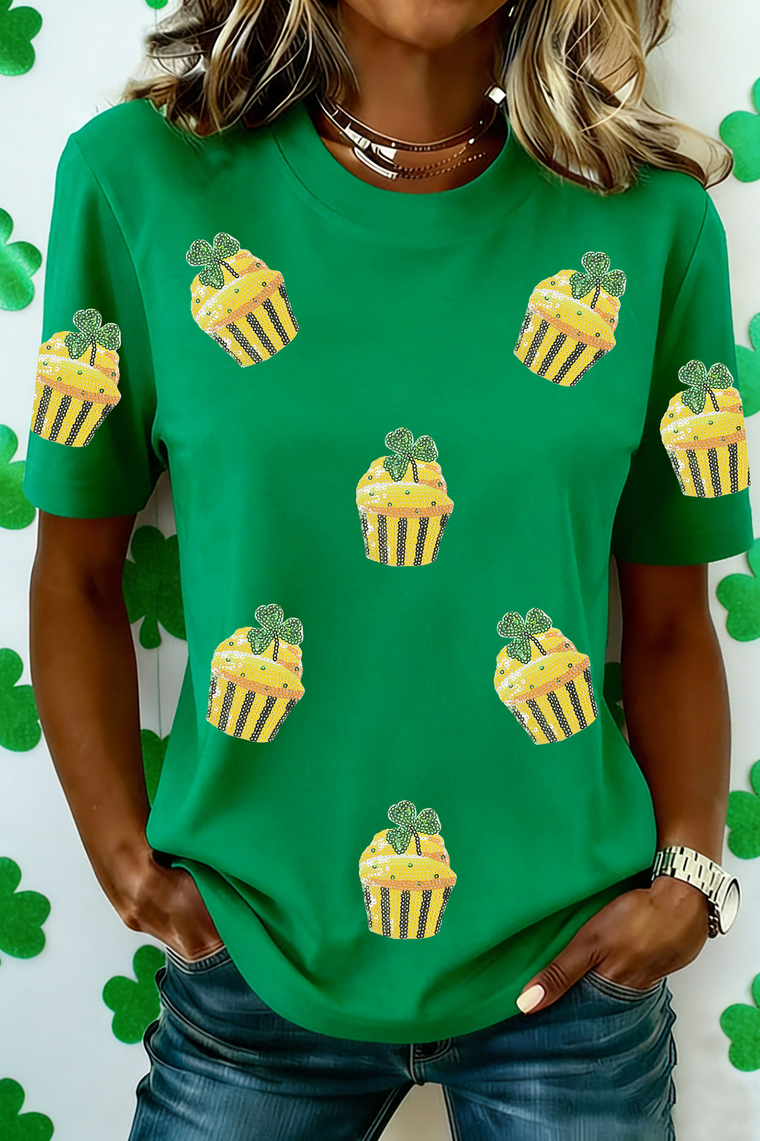 Bright Green St Patricks Day Sequin Cupcake Graphic T Shirt - loveforevers