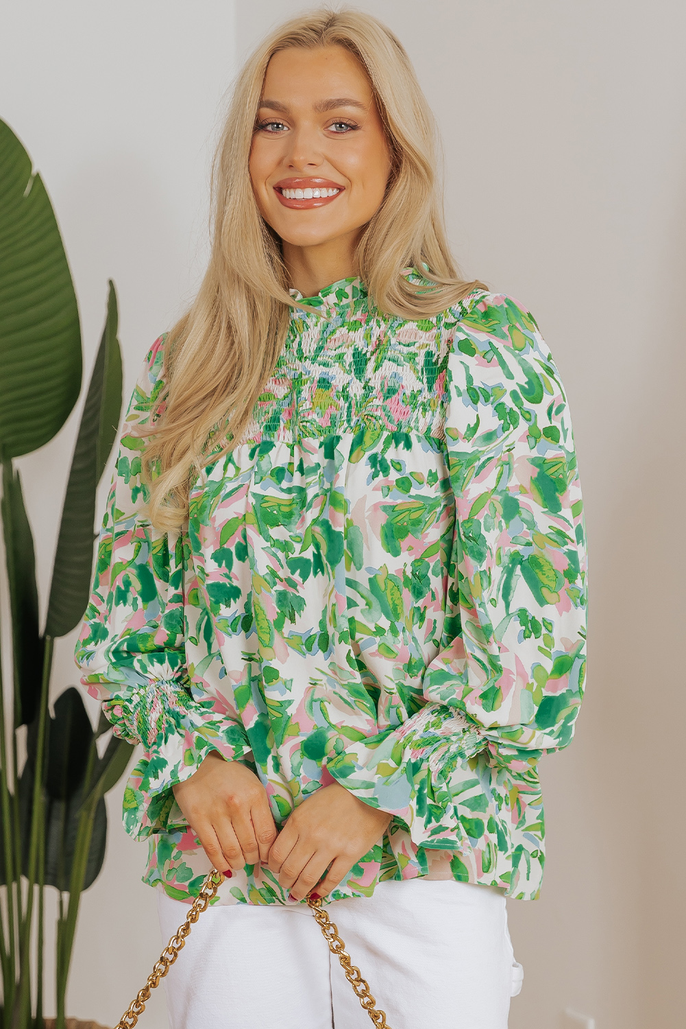 Green Leafy Printed Flounce Sleeve Shirred Mock Neck Blouse - loveforevers