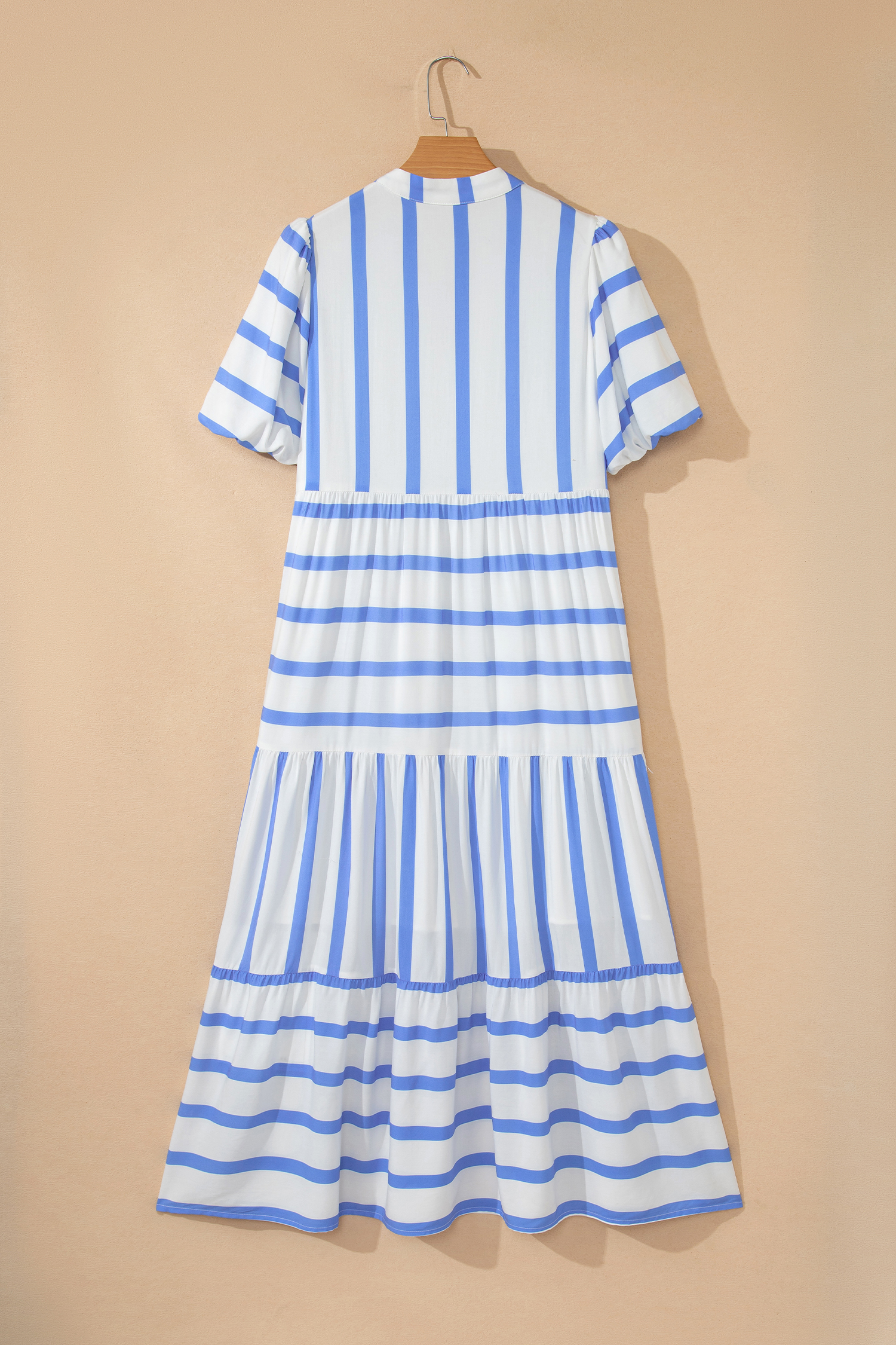 Sky Blue Stripe Ricrac Trim Notched Neck Half Sleeve Vacation Dress - loveforevers