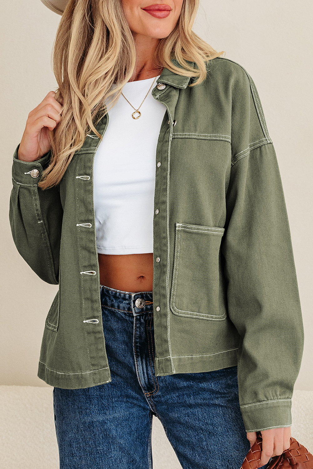 Smoke Green Patched Pocket Collared Button Front Boyfriend Denim Jacket - loveforevers