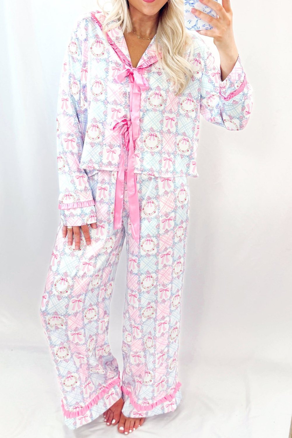 Pink Bow Wreath Pattern Christmas Holiday Tied Front Long Sleeve 2pcs Pajama Set - loveforevers