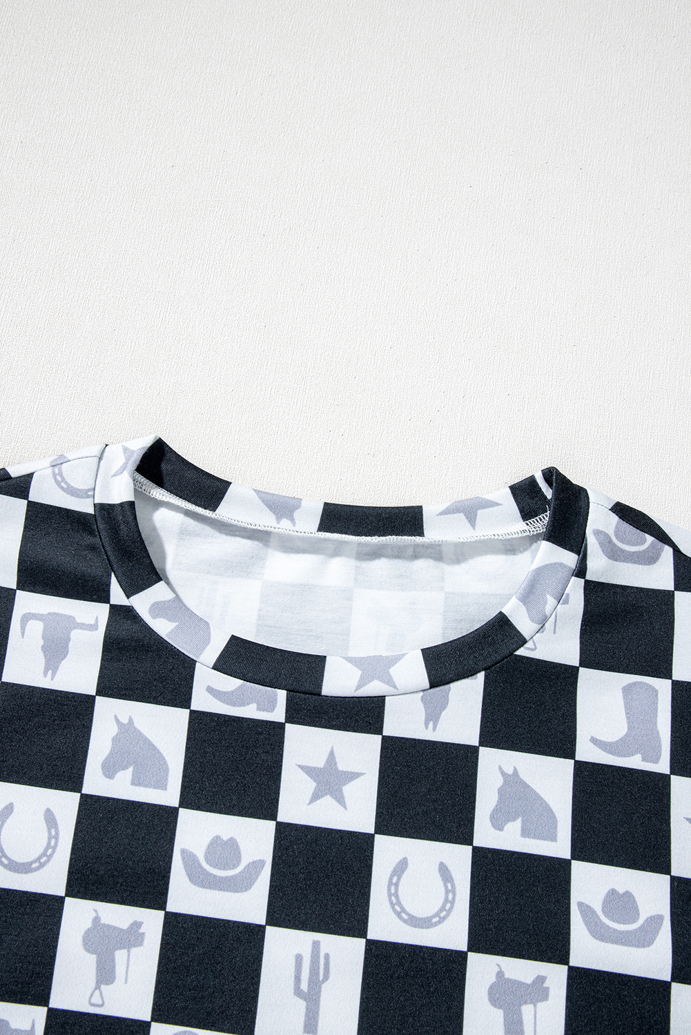 Black Western Fashion Checkerboard Print Side Split T Shirt - loveforevers