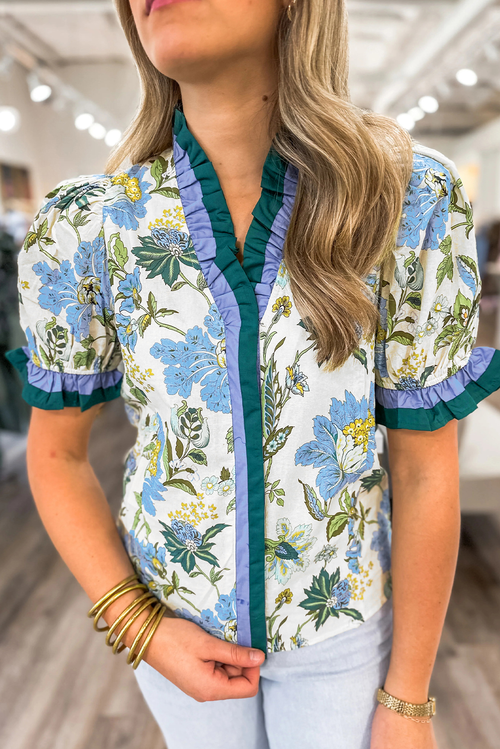 Beige Floral Print Contrasted Frilled Striped Trim Short Sleeve Blouse - loveforevers