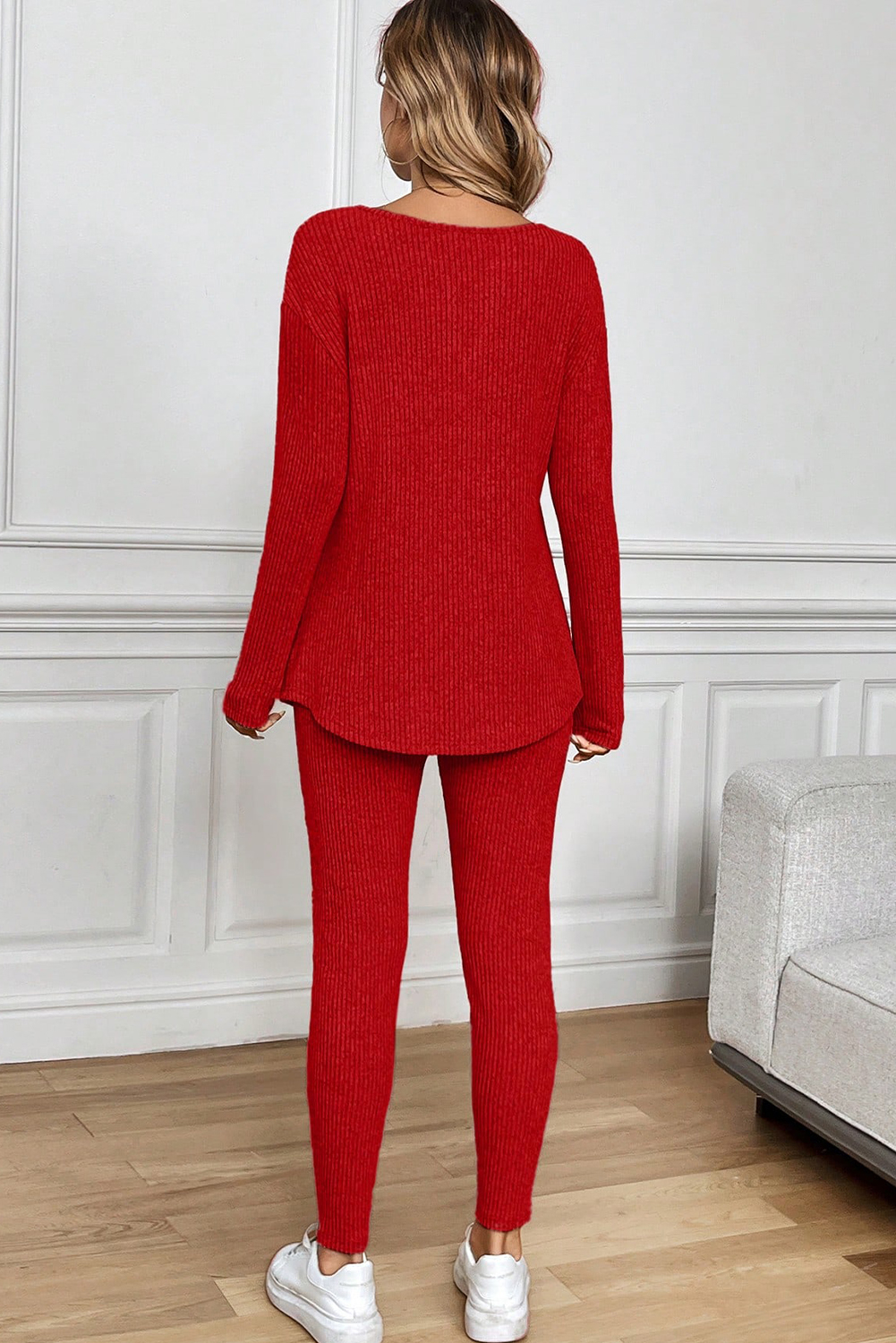 Black Ribbed Notched Neck Knit Long Sleeve Leggings Two Pieces Lounge Set - loveforevers