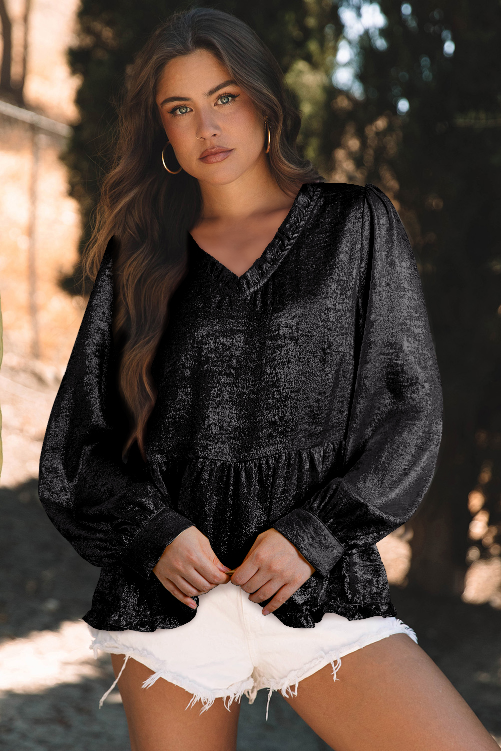 Dearlovers Gold Metallic Frilled V Neck Puff Sleeve Babydoll Blouse - loveforevers
