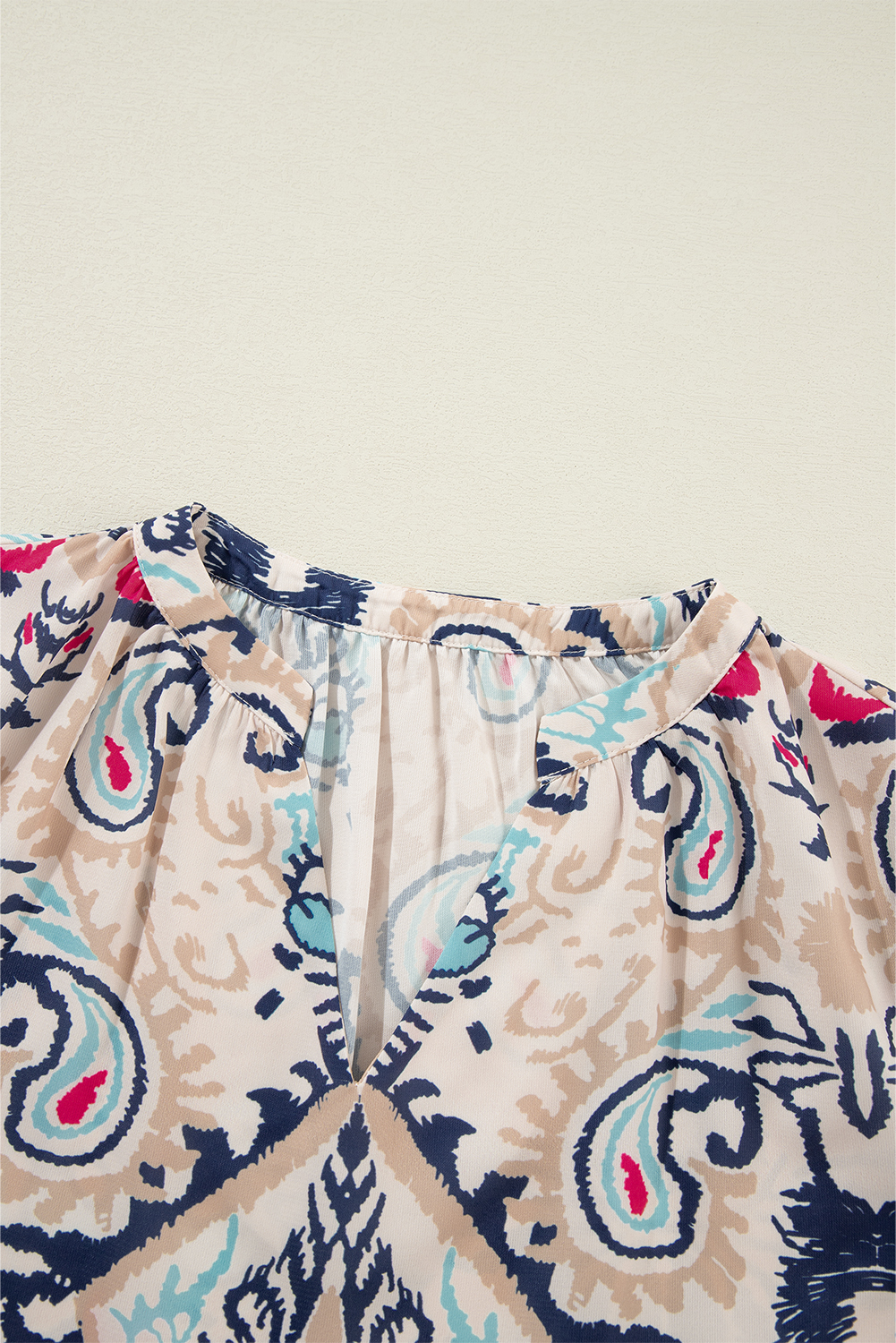White Abstract Printed Notched V Neck Split Half Sleeve Blouse - loveforevers