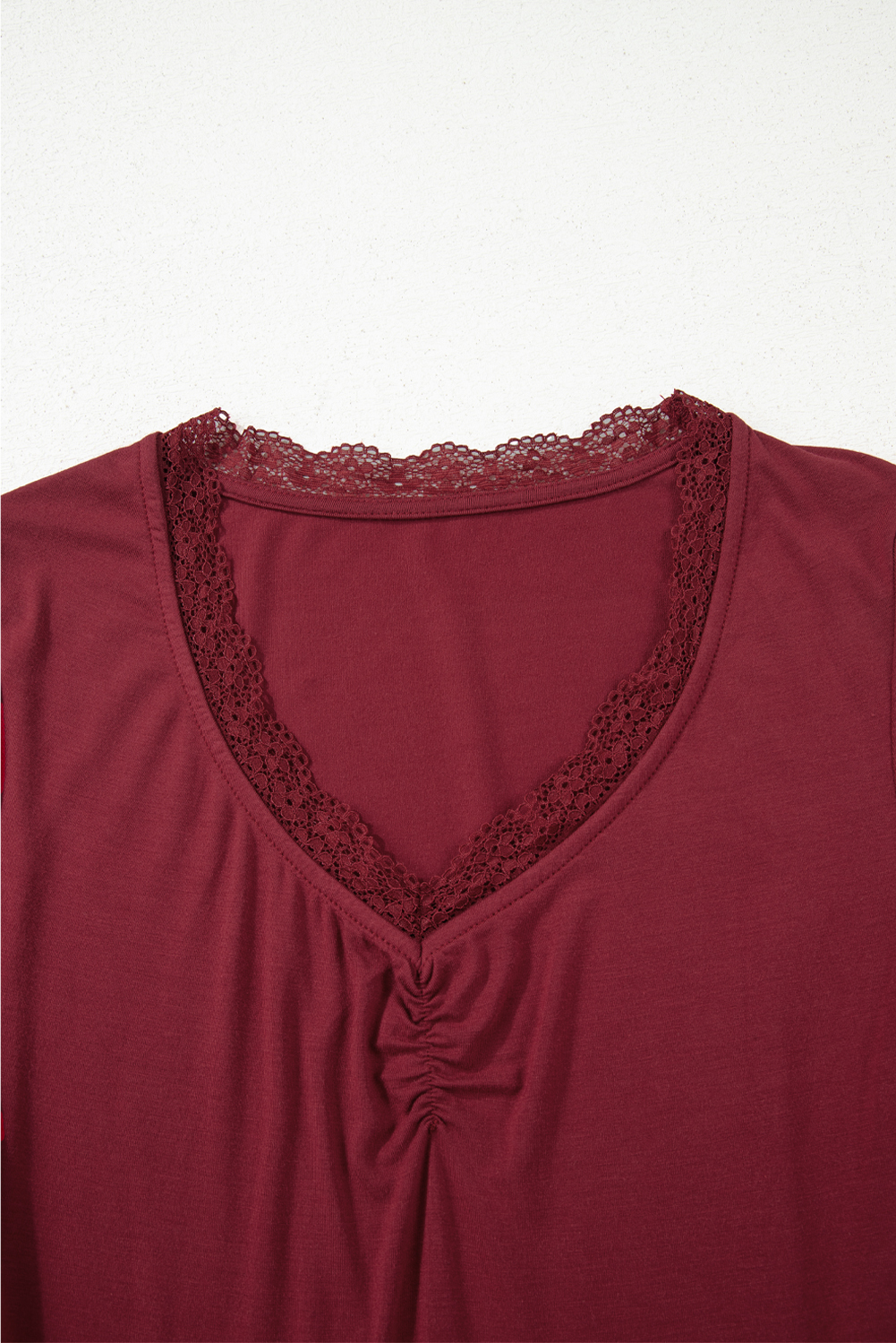 Red Dahlia Lace-trimmed Sweetheart Neckline Ruched Detail Long Sleeve T-shirt - loveforevers