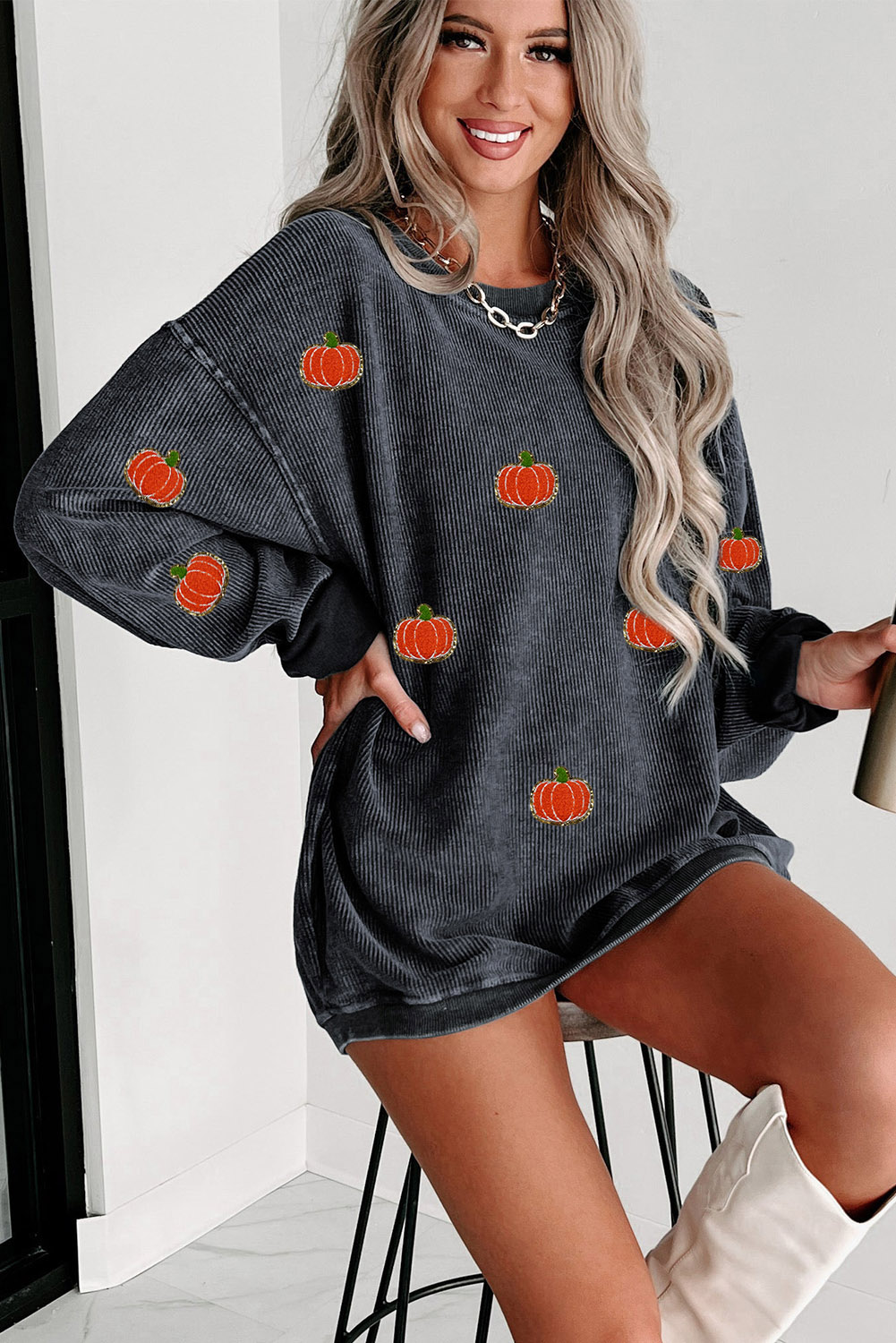 Gray Halloween Pumpkin Graphic Drop Shoulder Ribbed Sweatshirt - loveforevers