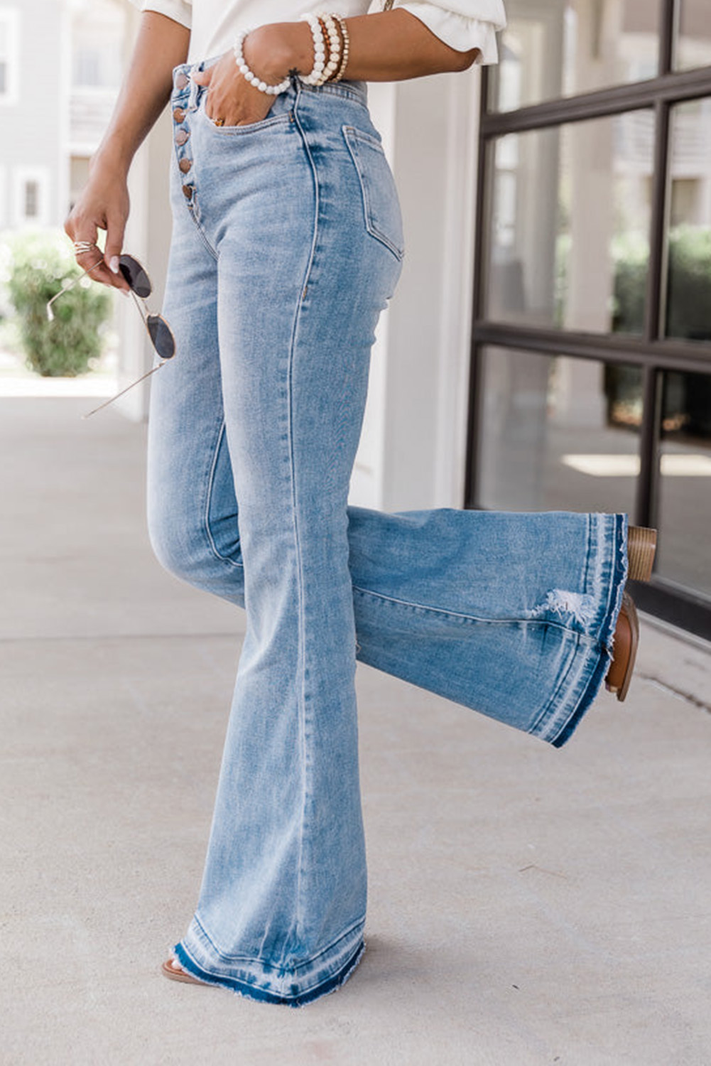 Sky Blue High Waist Buttoned Distressed Flared Jeans - loveforevers