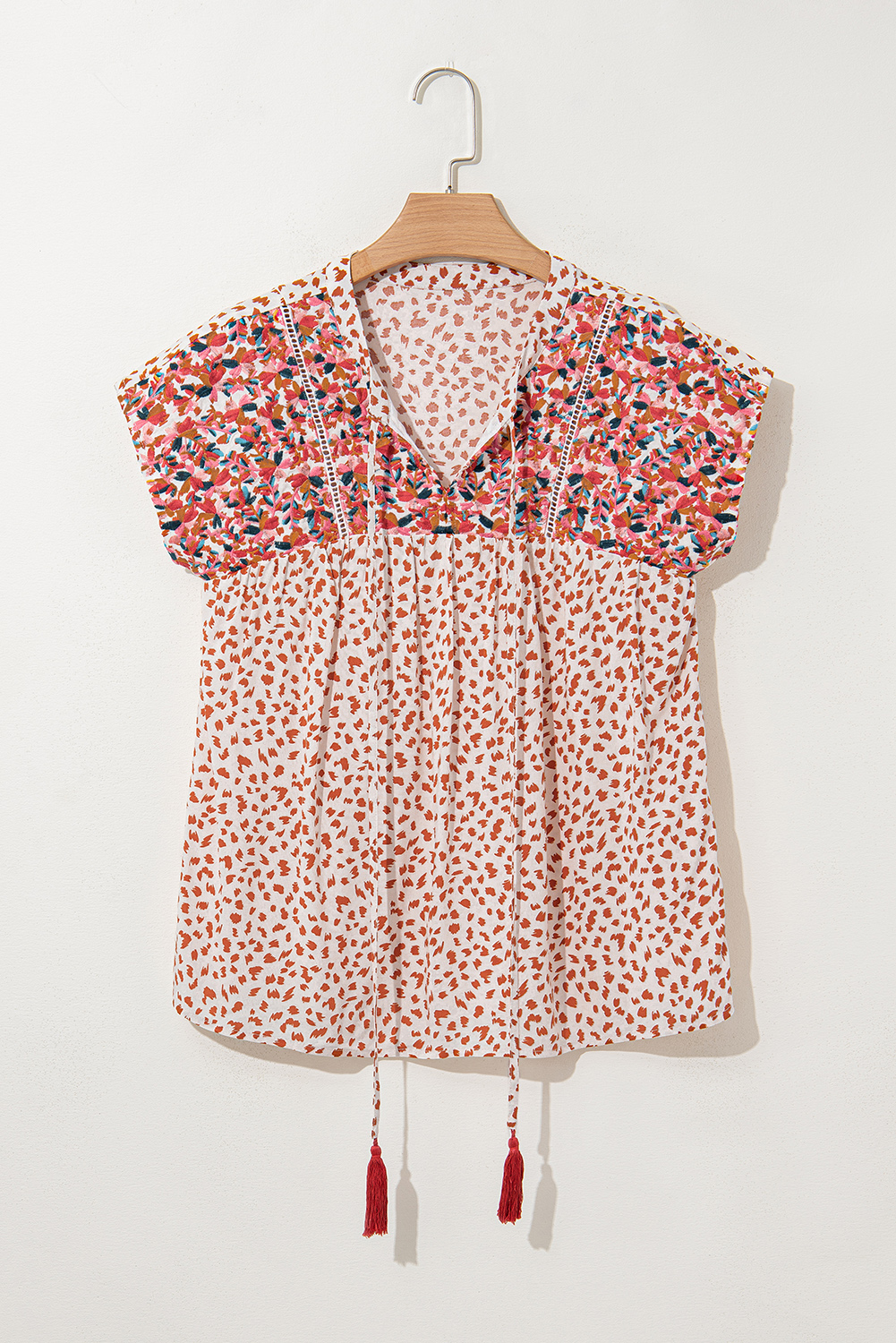 Red Printed Embroidery Detail Tie Split Neck Blouse - loveforevers