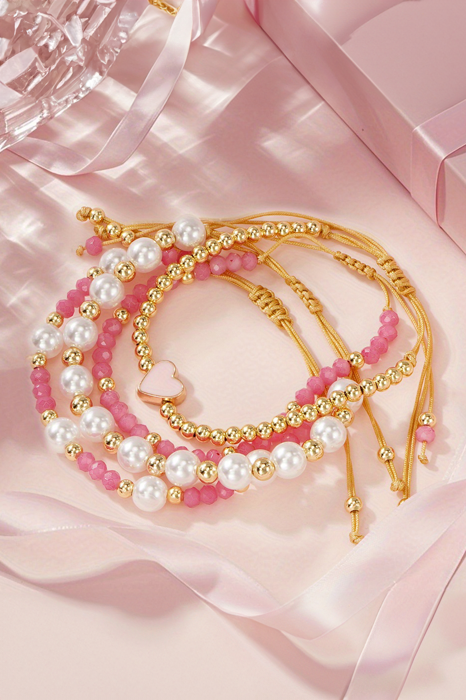 Pink Polyhedral Pearl Golden Beads Adjustable String 4pcs Bracelet Set - loveforevers