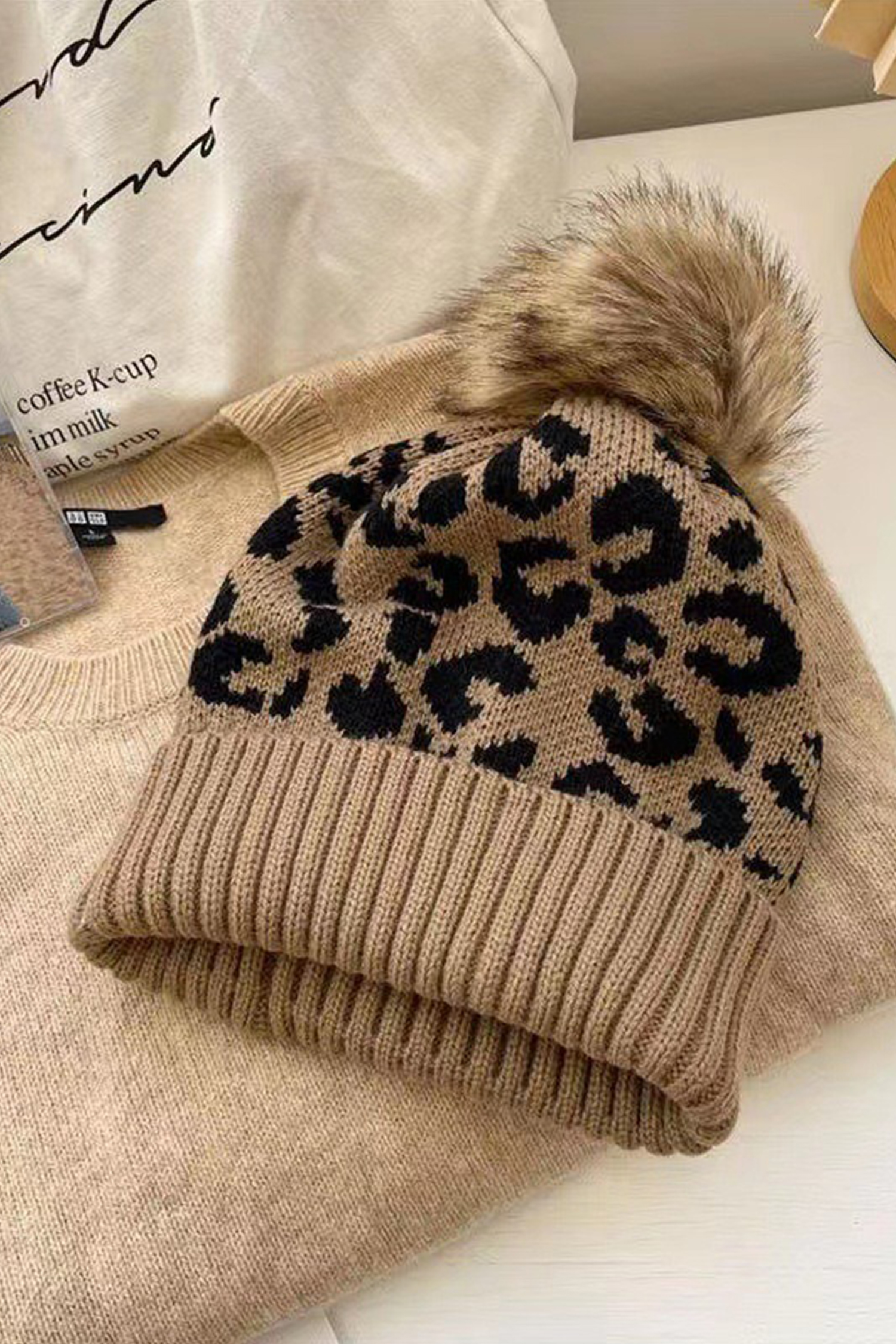 Light French Beige Faux Fur Pompom Leopard Knit Beanie - loveforevers