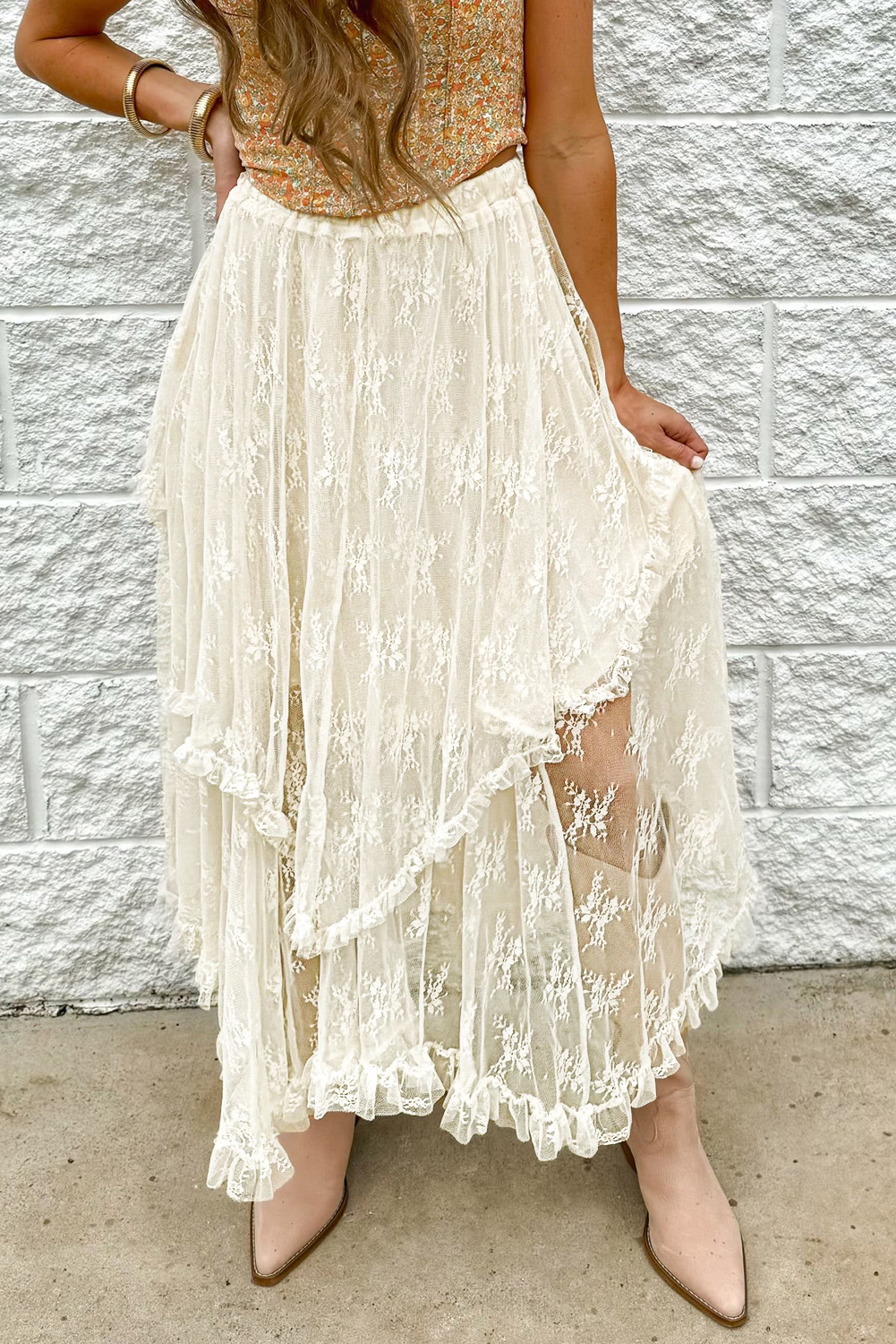 Apricot Lace Cascading Tiered High Waist Maxi Skirt - loveforevers
