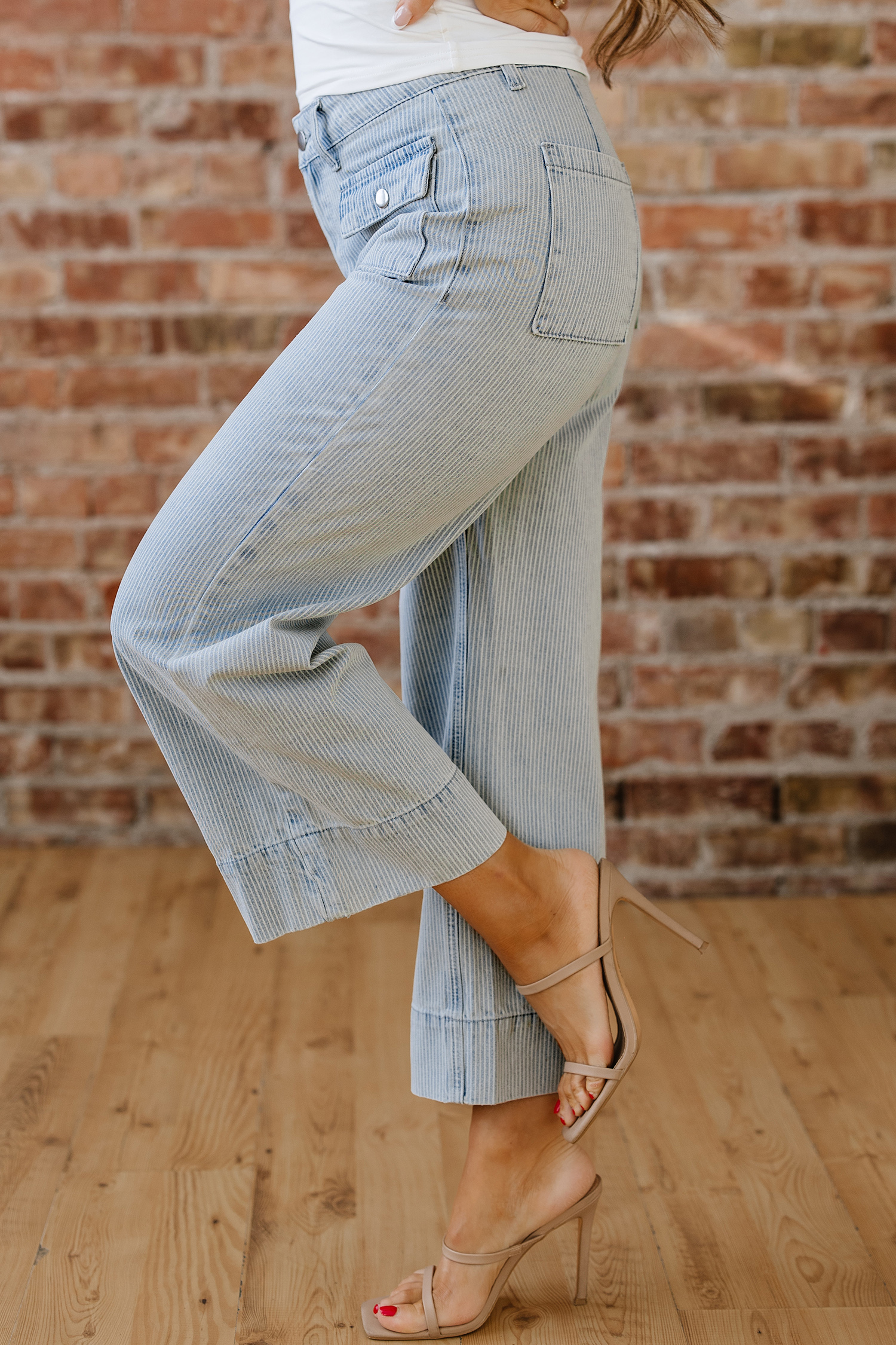 Sky Blue Stripe Button Flap Pocket Cuffed Hem Wide Leg Jeans - loveforevers