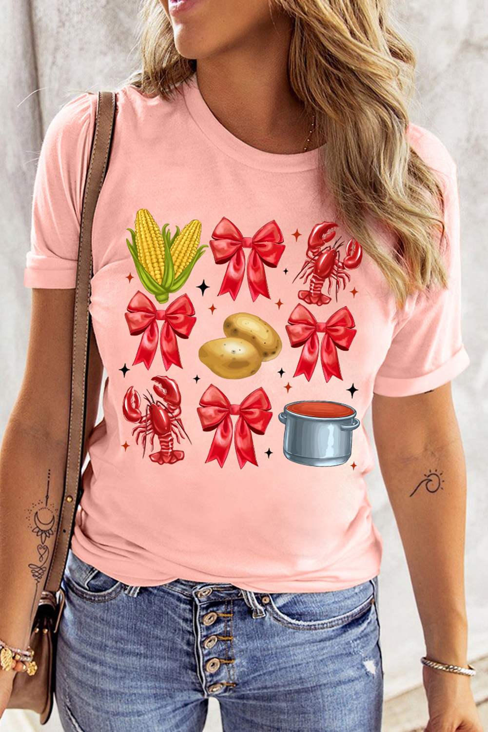 Pink Summer Food Bow Crawfish Printed T Shirt - loveforevers