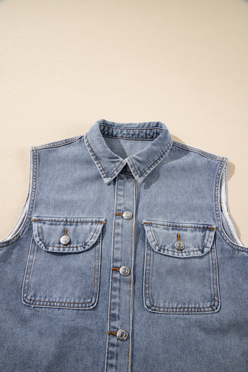Beau Blue Denim Flap Pocket Curved Hem Shirt Vest - loveforevers